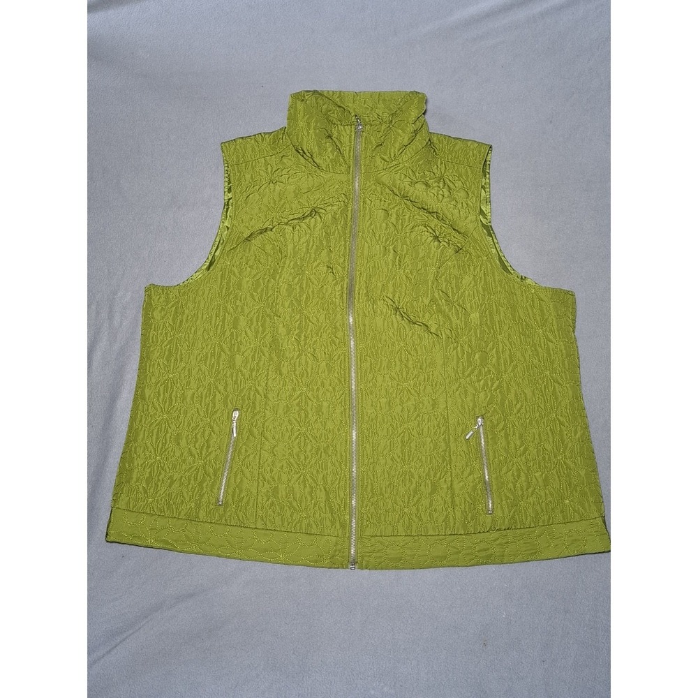 cj banks Womens Plus 3X Green Quilted Floral Stitched Zip Front Vest